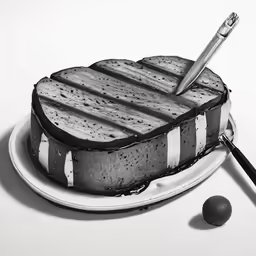 a black and white photo of a cake with the rest of the knife on top