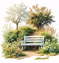 a bench sitting on a hill of grass and flowers