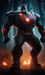 a batman standing in a forest filled with fire