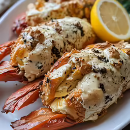 lobster on a plate with lemon wedges and ketchup