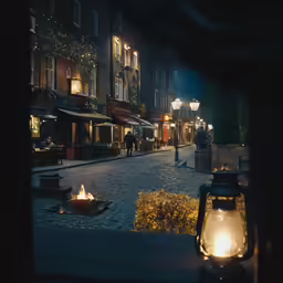 a view of a street at night from across the street