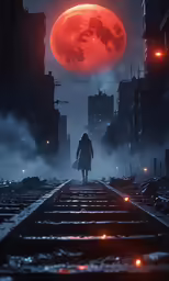 a girl stands on a track in front of a red moon