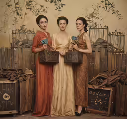 a couple of women are standing near suitcases