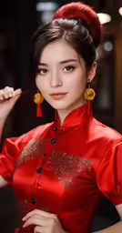 a girl in a red outfit stands with her hands in her pockets and wears some gold earrings