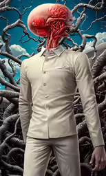 a man in a suit and brain suit with long nails on his head