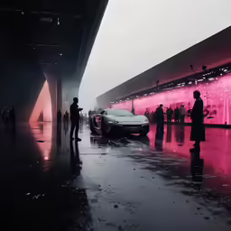 people walking along side of a building next to a car