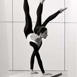a woman standing in a yoga position on top of a white platform