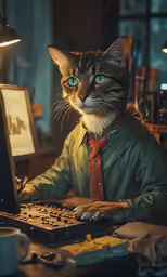 a cat in a suit and tie sits in front of a computer