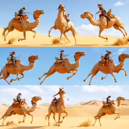 six images of camel riders on a desert