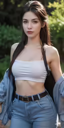 a young woman with a blue jean pants and crop top