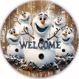 group of four snowmen posed in front of the welcome sign