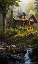 a painting of a cabin on top of a hillside with a stream