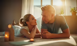 a young couple laying down together next to a wine glass