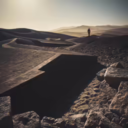 a lone person standing on top of a rock formation