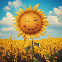 a sunflower with a smiling face standing in front of a field