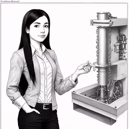 an illustration of a woman in black and white holding up something