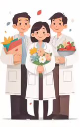 three people are dressed in white and one is holding food