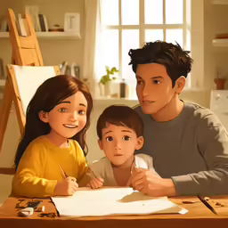 a cartoon family sitting at the table writing on a piece of paper