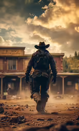a man walking down a dirt road near a building