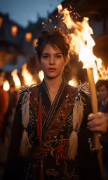the woman is holding a lit torch in front of a crowd
