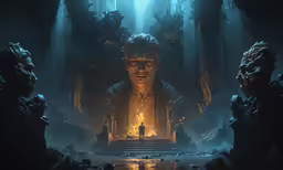 a stylized and surreal illustration of a man surrounded by creepy statues