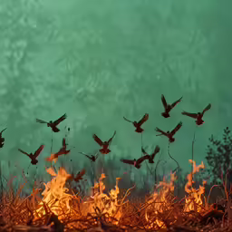 some birds flying around a campfire in the forest