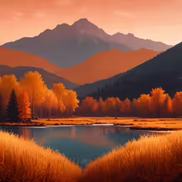 a mountain with some water and grass,a beautiful autumn scenery with the mountains covered in clouds