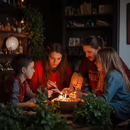 the three girls are looking at the cake on the table