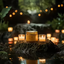 a candle holder that is sitting on a rock in a forest