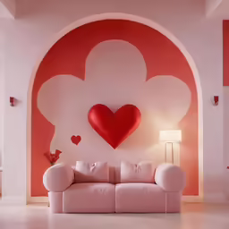 a red heart on the wall behind a white couch