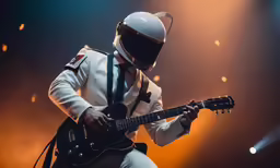 a man with a white helmet playing an electric guitar