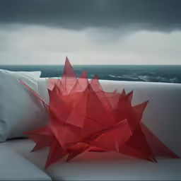 a red object sitting on top of a white couch