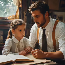 a man helping a child with school work