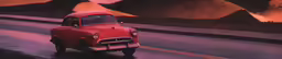 an old red truck is riding down the street