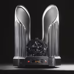 a speaker with an electronic clock on the front of it