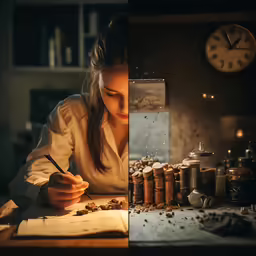 a woman sitting at a desk writing a document and an image of a clock in the background