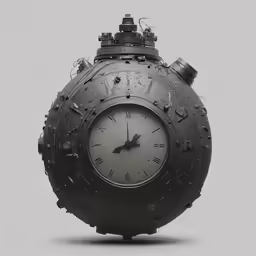 an industrial clock with black hands and two numbers