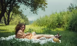 woman laying in the grass reading a book