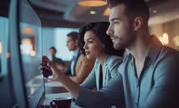 two people are sitting at a bar using a phone