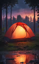 a tent that is pitched up next to some water,an orange tent pitched up in front of some trees