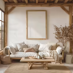 the room is decorated with natural wood furniture