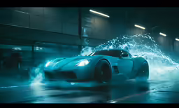 a sports car with splashing paint on its hood