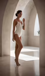 a woman in a white bodysuit poses with her hand on the side