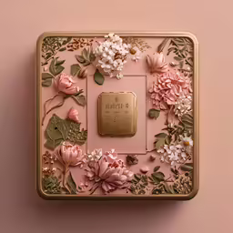 a pink box with lots of flowers and gold foil on the top