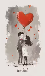 two people hugging and kissing in front of red hearts