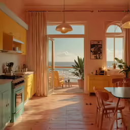 there is a kitchen with an ocean view
