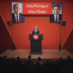 a person is on the stage with two photos behind them