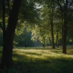 a forest area with trees, grass, and sunlight