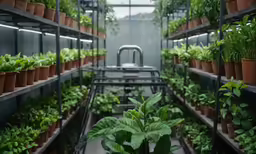 a room full of green plants with chairs and table