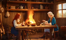 two women sitting around a fire in a kitchen,two women dressed in old fashioned clothing sitting at a table with tea pots